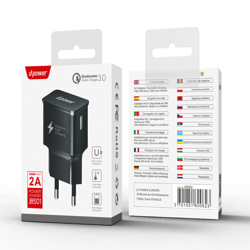 Adaptateur Secteur USB à Recharge Rapide - D-power J8501 - Noir — D-power · Smarty Paris 18e